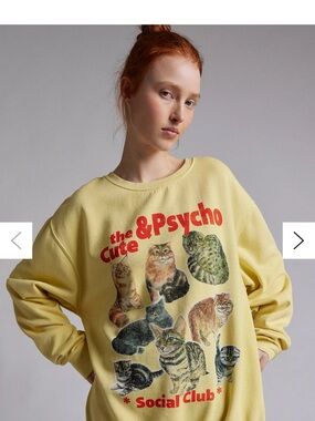 Urban Outfitters Yellow Cat Graphic Sweatshirt with Red Text S/M
